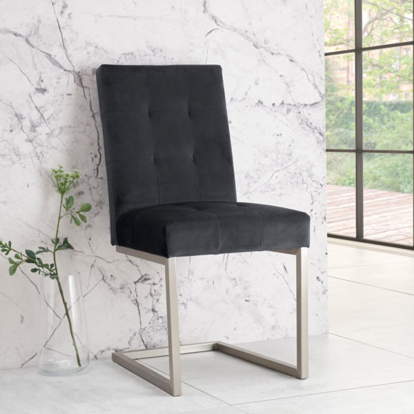 Wimborne Dark Oak Pair of Cantilever Dining Chairs | Gun Metal Grey