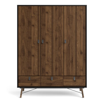 Kielder Matt Black 3 Door Wardrobe with Drawers | Walnut Finish