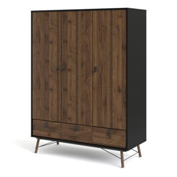 Kielder Matt Black 3 Door Wardrobe with Drawers | Walnut Finish