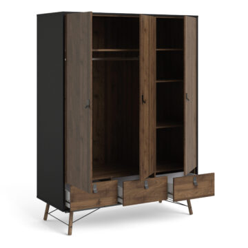 Kielder Matt Black 3 Door Wardrobe with Drawers | Walnut Finish