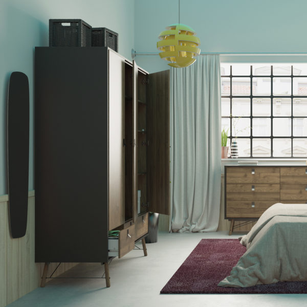 Kielder Wardrobe 3 Doors + 3 Drawers | Matt Black Walnut