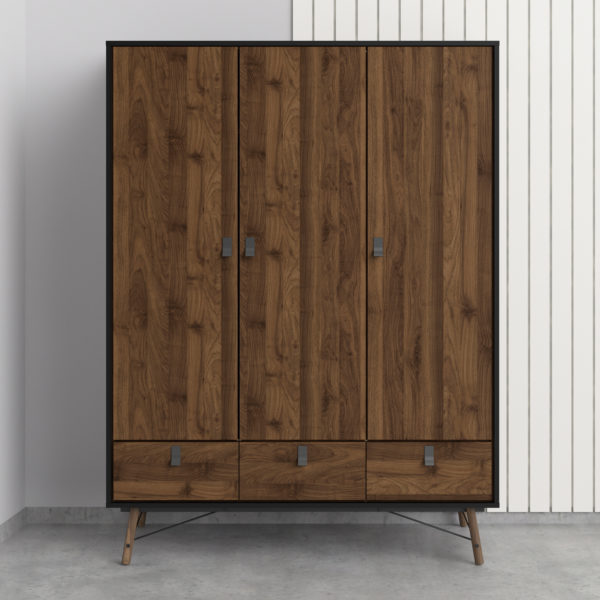 Kielder Wardrobe 3 Doors + 3 Drawers | Matt Black Walnut