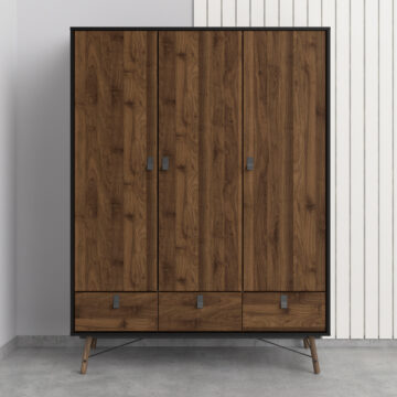 Kielder Wardrobe 3 Doors + 3 Drawers | Matt Black Walnut