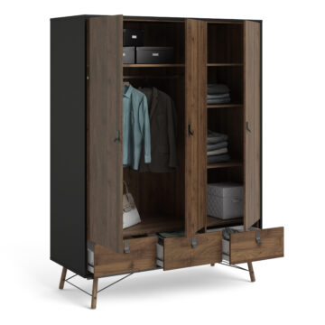 Kielder Matt Black 3 Door Wardrobe with Drawers | Walnut Finish