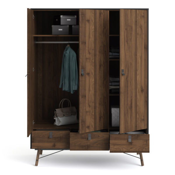 Kielder Wardrobe 3 Doors + 3 Drawers | Matt Black Walnut