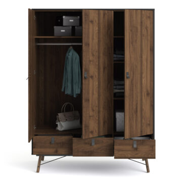 Kielder Matt Black 3 Door Wardrobe with Drawers | Walnut Finish