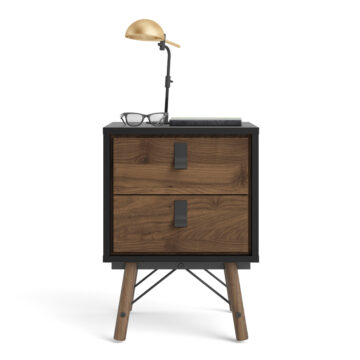 Kielder Matt Black 2 Drawer Bedside Cabinet | Walnut Drawers