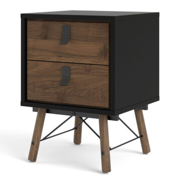 Kielder Matt Black 2 Drawer Bedside Cabinet | Walnut Drawers