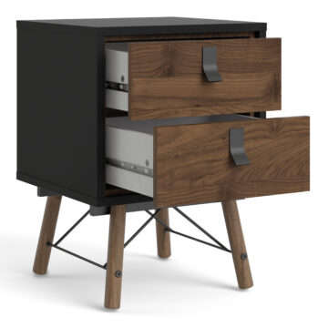 Kielder Matt Black 2 Drawer Bedside Cabinet | Walnut Drawers