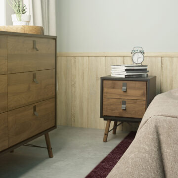 Kielder Matt Black 2 Drawer Bedside Cabinet | Walnut Drawers