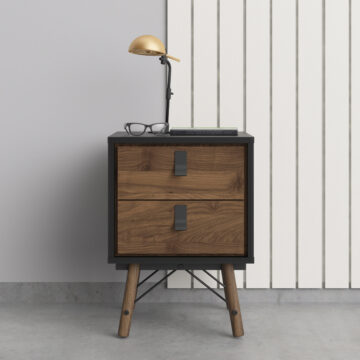 Kielder Matt Black 2 Drawer Bedside Cabinet | Walnut Drawers