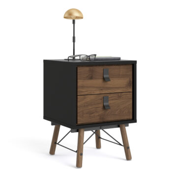 Kielder Matt Black 2 Drawer Bedside Cabinet | Walnut Drawers
