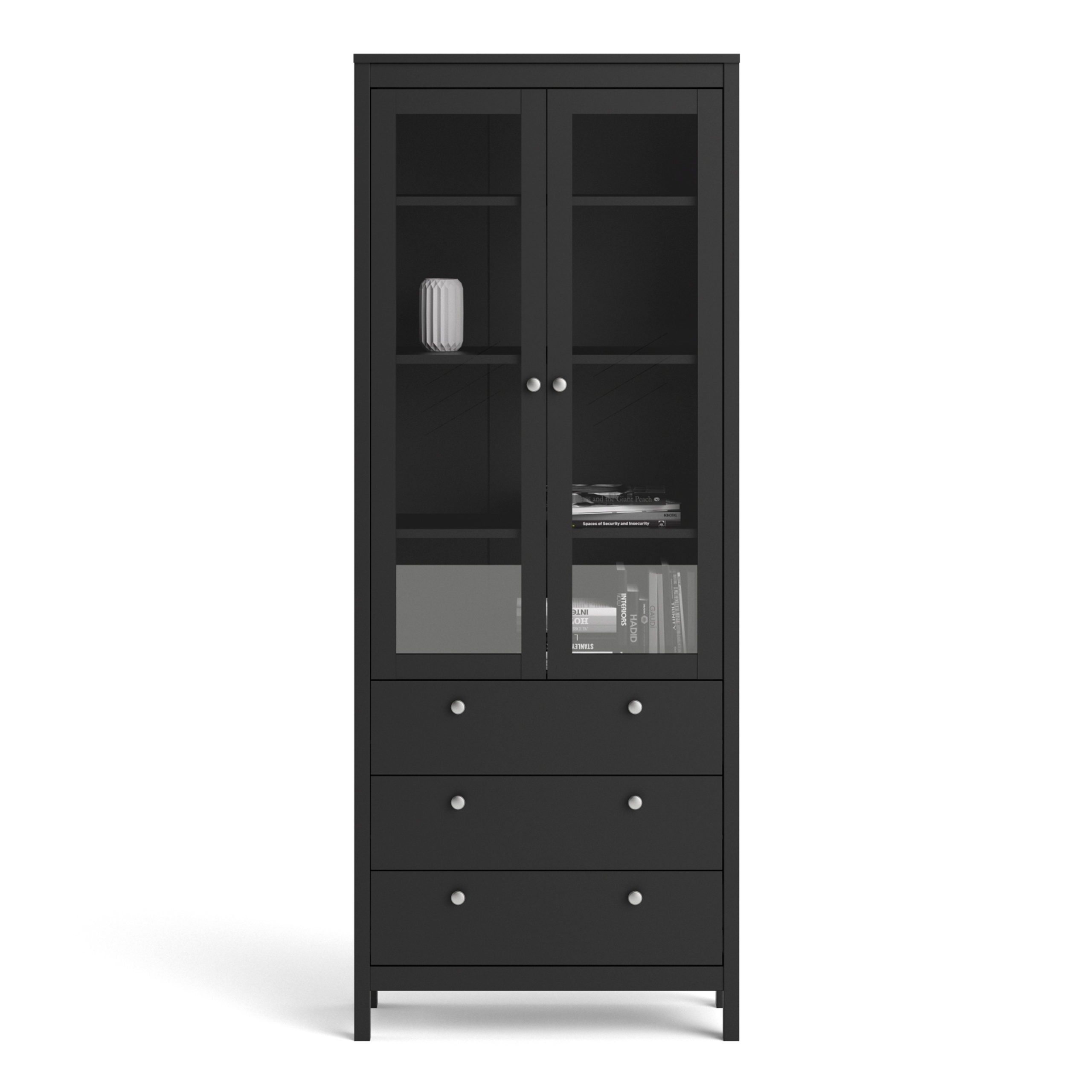 Ronda Display Cabinet with 2 Doors 3 Drawers Matte Black Self Assembly