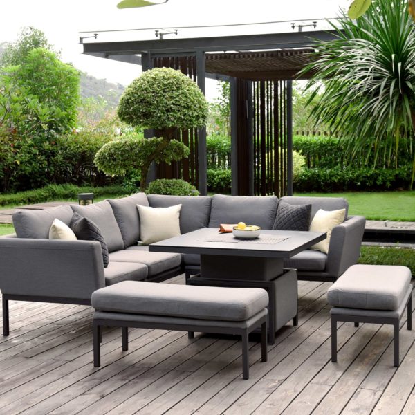Maze Pulse Outdoor Fabric Square Corner Dining Set with Rising Table | Flanelle Grey
