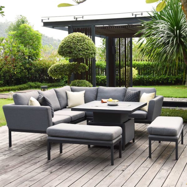 Maze Pulse Outdoor Fabric Square Corner Dining Set with Rising Table | Flanelle Grey