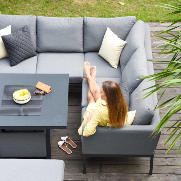 Maze Pulse Outdoor Fabric Square Corner Dining Set with Rising Table | Flanelle Grey