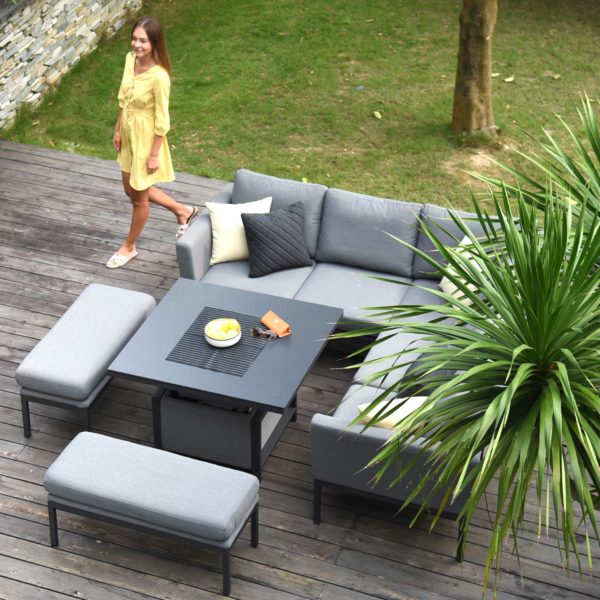 Maze Pulse Outdoor Fabric Square Corner Dining Set with Rising Table | Flanelle Grey