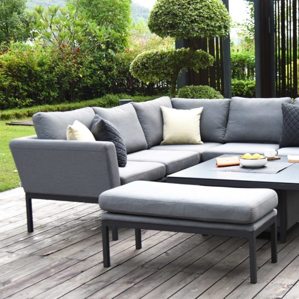 Maze Pulse Outdoor Fabric Square Corner Dining Set with Rising Table | Flanelle Grey