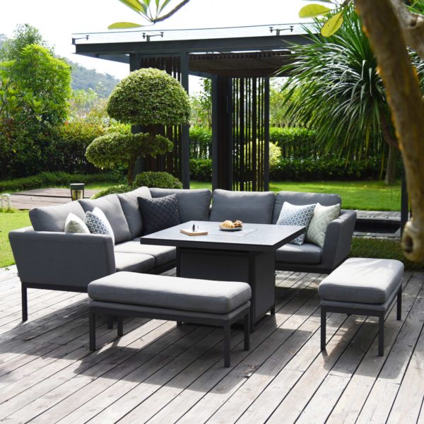 Maze Pulse Outdoor Fabric Square Corner Dining Set With Fire Pit Table | Flanelle Grey