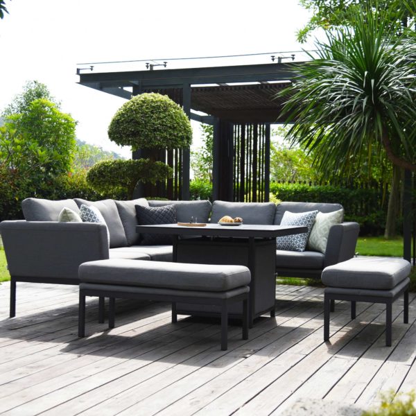 Maze Pulse Outdoor Fabric Square Corner Dining Set With Fire Pit Table | Flanelle Grey