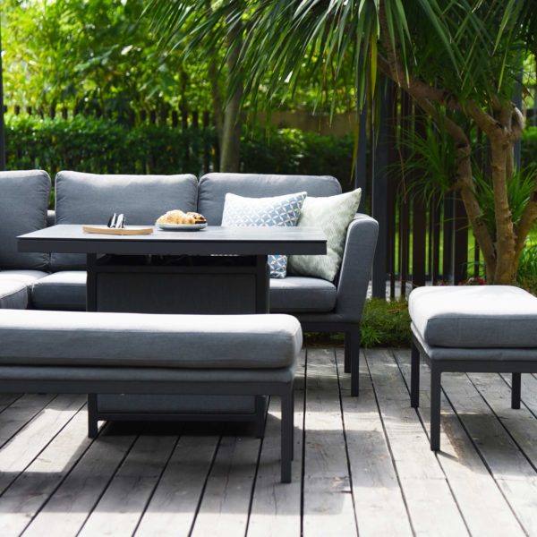 Maze Pulse Outdoor Fabric Square Corner Dining Set With Fire Pit Table | Flanelle Grey