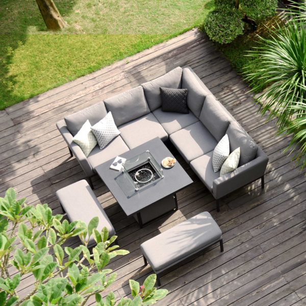 Maze Pulse Outdoor Fabric Square Corner Dining Set With Fire Pit Table | Flanelle Grey