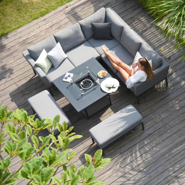 Maze Pulse Outdoor Fabric Square Corner Dining Set With Fire Pit Table | Flanelle Grey