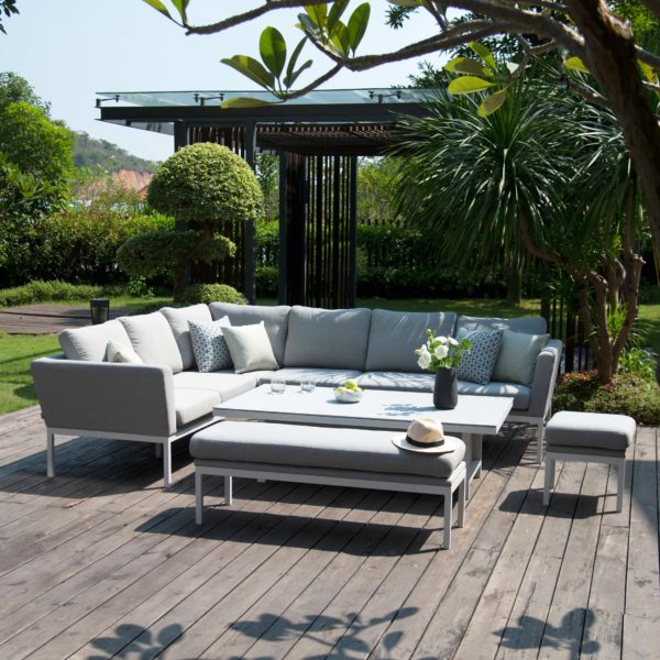 Maze Pulse Outdoor Fabric Rectangular Corner Dining Set with Rising Table | Lead Chine Grey