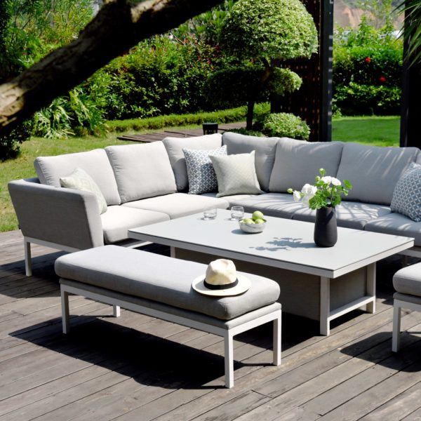 Maze Pulse Outdoor Fabric Rectangular Corner Dining Set with Rising Table | Lead Chine Grey