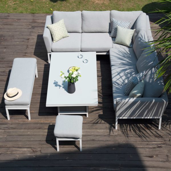 Maze Pulse Outdoor Fabric Rectangular Corner Dining Set with Rising Table | Lead Chine Grey