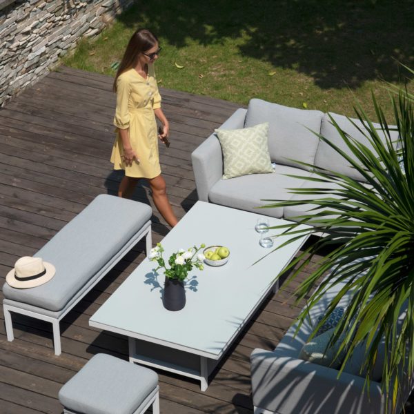 Maze Pulse Outdoor Fabric Rectangular Corner Dining Set with Rising Table | Lead Chine Grey