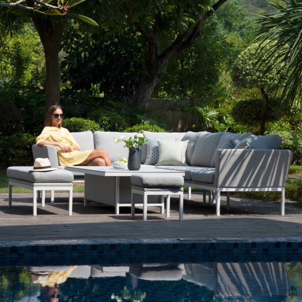 Maze Pulse Outdoor Fabric Rectangular Corner Dining Set with Rising Table | Lead Chine Grey