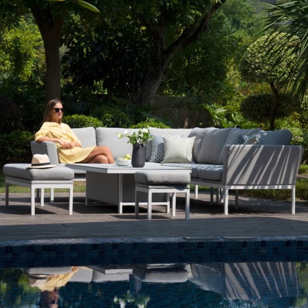 Maze Pulse Outdoor Fabric Rectangular Corner Dining Set with Rising Table | Lead Chine Grey