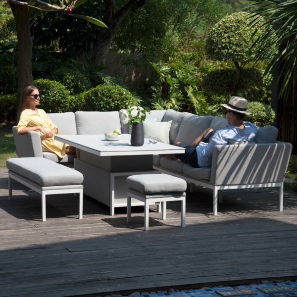 Maze Pulse Outdoor Fabric Rectangular Corner Dining Set with Rising Table | Lead Chine Grey