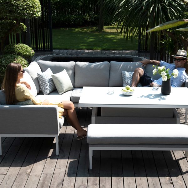 Maze Pulse Outdoor Fabric Rectangular Corner Dining Set with Rising Table | Lead Chine Grey