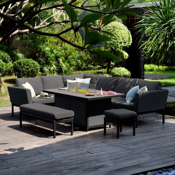 Maze Pulse Outdoor Fabric Rectangular Corner Dining Set With Fire Pit Table | Charcoal Grey