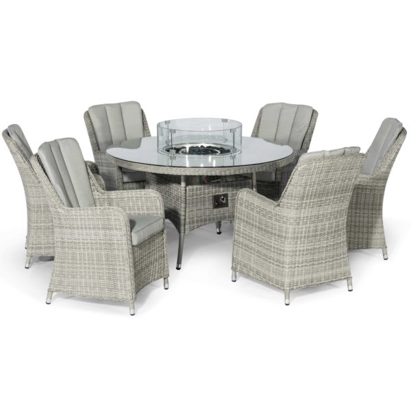 Maze Oxford Rattan 6 Seat Round Fire Pit Dining Set with Venice Chairs and Lazy Susan