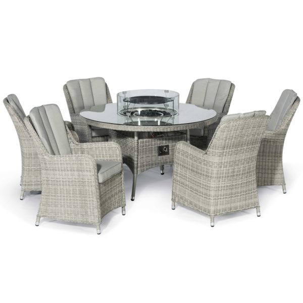 Maze Oxford Rattan 6 Seat Round Fire Pit Dining Set with Venice Chairs and Lazy Susan