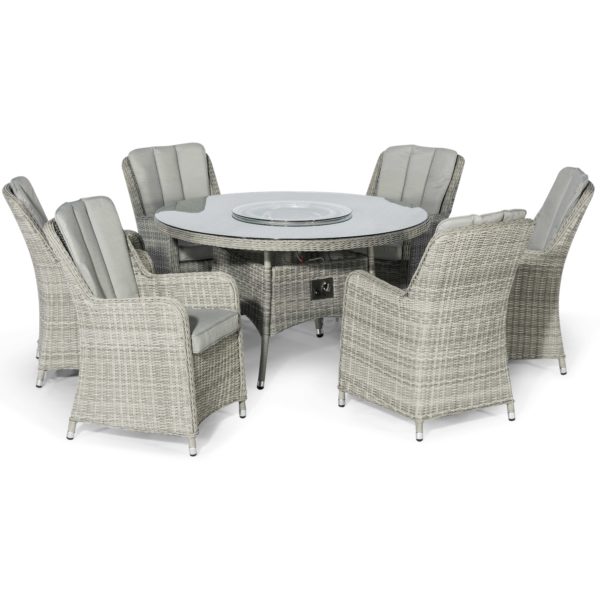 Maze Oxford Rattan 6 Seat Round Fire Pit Dining Set with Venice Chairs and Lazy Susan