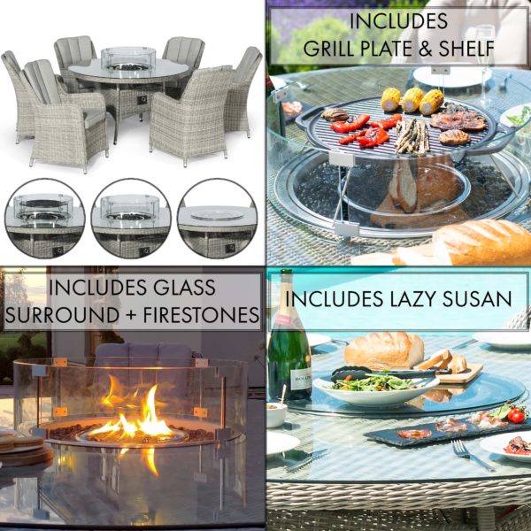 Maze Oxford Rattan 6 Seat Round Fire Pit Dining Set with Venice Chairs and Lazy Susan