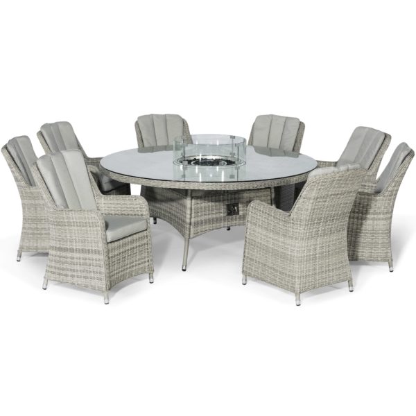 Maze Oxford Rattan 8 Seat Round Fire Pit Dining Set with Venice Chairs and Lazy Susan