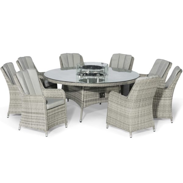 Maze Oxford Rattan 8 Seat Round Fire Pit Dining Set with Venice Chairs and Lazy Susan