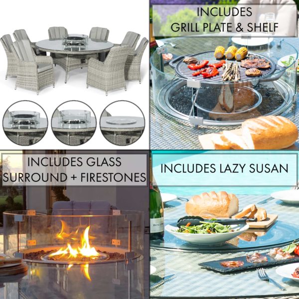 Maze Oxford Rattan 8 Seat Round Fire Pit Dining Set with Venice Chairs and Lazy Susan