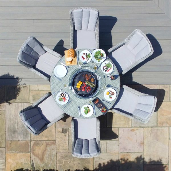 Maze Oxford Rattan 6 Seat Round Fire Pit Dining Set with Venice Chairs and Lazy Susan