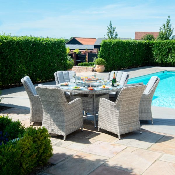 Maze Oxford Rattan 6 Seat Round Fire Pit Dining Set with Venice Chairs and Lazy Susan