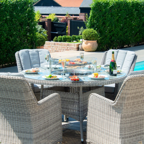 Maze Oxford Rattan 6 Seat Round Fire Pit Dining Set with Venice Chairs and Lazy Susan