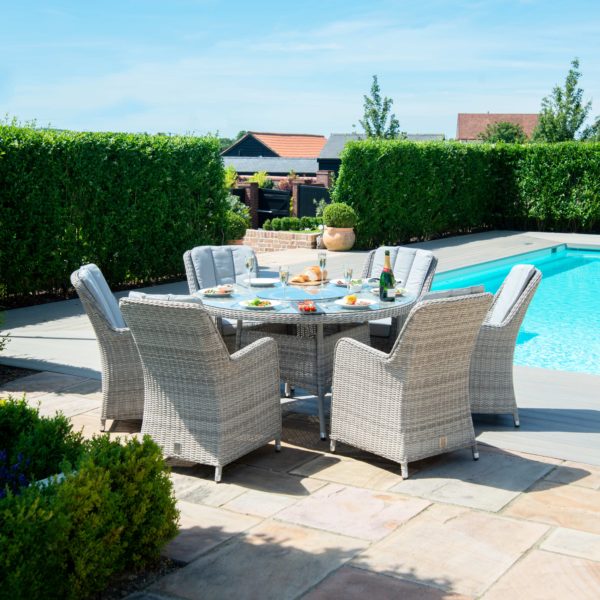 Maze Oxford Rattan 6 Seat Round Fire Pit Dining Set with Venice Chairs and Lazy Susan