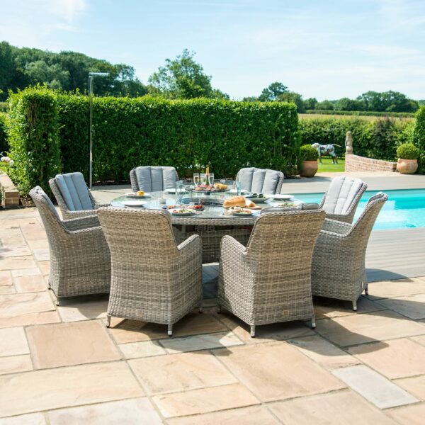 Maze Oxford Rattan 8 Seat Round Fire Pit Dining Set with Venice Chairs and Lazy Susan