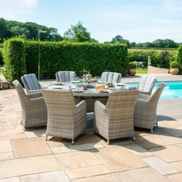 Maze Oxford Rattan 8 Seat Round Fire Pit Dining Set with Heritage Chairs and Lazy Susan