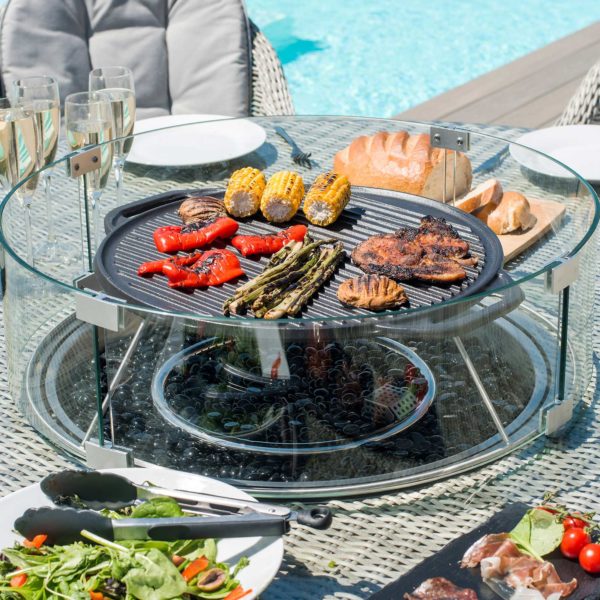 Maze Oxford Rattan 6 Seat Round Fire Pit Dining Set with Venice Chairs and Lazy Susan